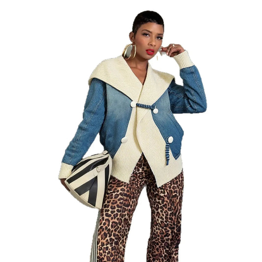 Knitted Patchwork Wide Turn-Down Collar Denim Jacket  