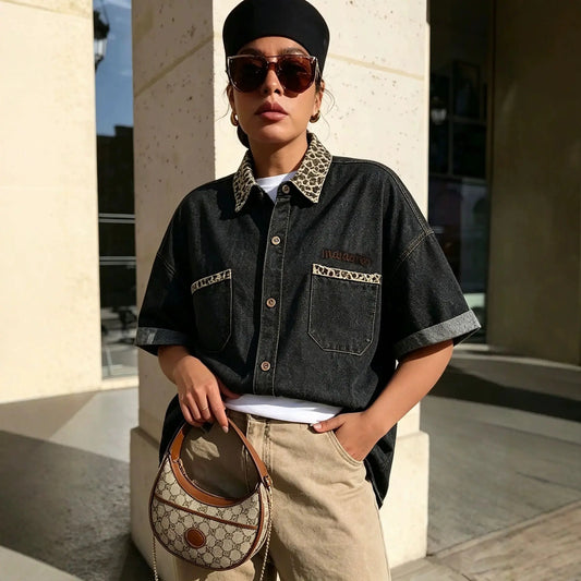 Leopard Print Patchwork Washed Denim Shirt with Half Sleeves  