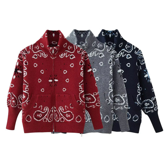 Loose high neck zipper embellished long sleeved cardigan sweater  