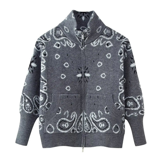 Loose high neck zipper embellished long sleeved cardigan sweater  
