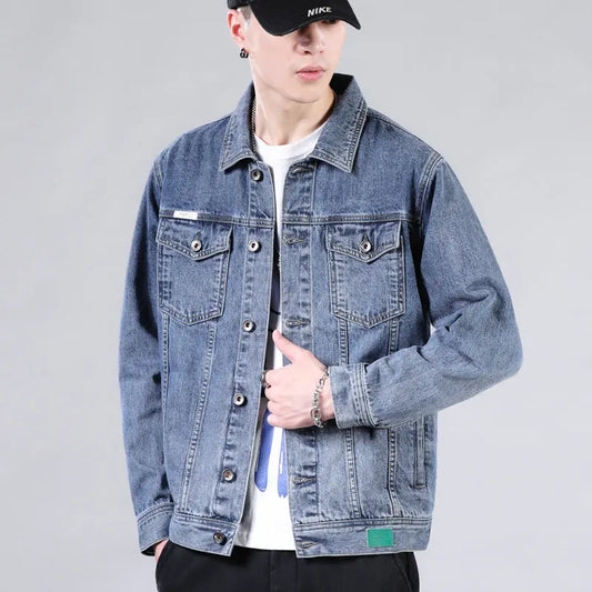 New men's Korean version solid color casual denim jacket for couples, lapel, plus size, same jacket  
