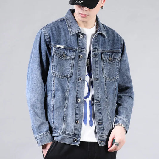 New men's Korean version solid color casual denim jacket for couples, lapel, plus size, same jacket  