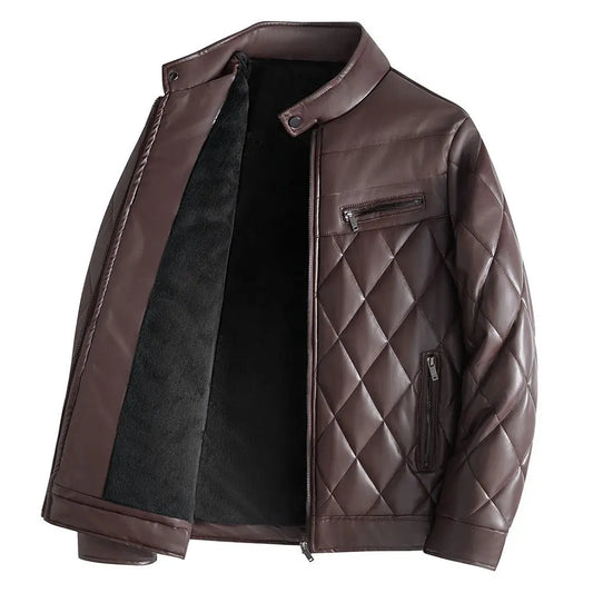 PU leather cotton jacket for men in winter with added velvet and thick leather cotton jacket, Korean version youth motorcycle  