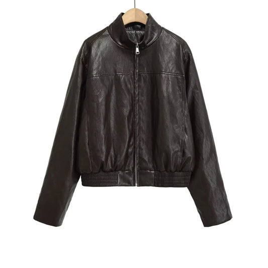 Pocket decoration imitation leather jacket women's clothing  