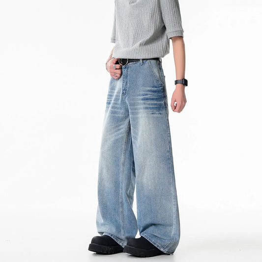 Relaxed Fit Cat-Whisker Washed Wide-Leg Jeans for Men  