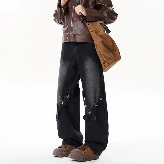Relaxed Straight Leg Jeans Men Long Pants  