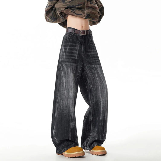 Retro Washed Denim Pants Men Loose Distressed Wide Leg Long Trousers  