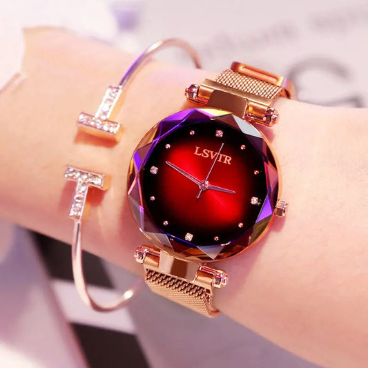 Rose Gold Women Watches Fashion Diamond Ladies Starry Sky Magnet Watch Waterproof Female Wristwatch 