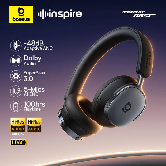 Baseus Inspire XH1 Sound by Bose ANC Wireless Headphone Bluetooth 6.1 48dB Adaptive Noise Cancellation Headset Hi-Res LDAC 100Hr  