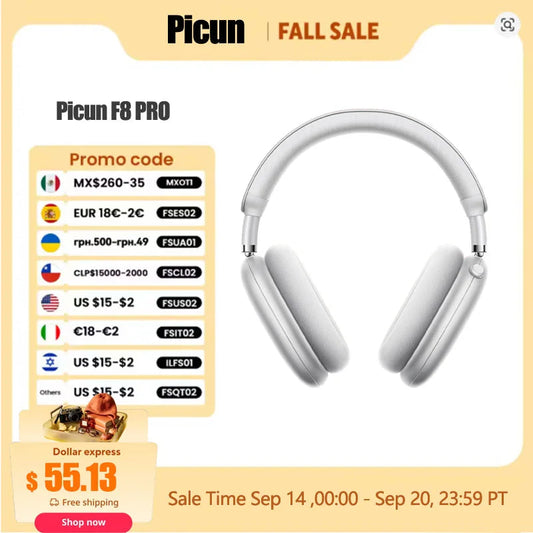 Picun F8 Pro ANC Wireless Headphones 3D Spatial Audio Head Tracking -52dB ANC HIFI Bluetooth Headset ENC HD Mic Low-Latency APP  