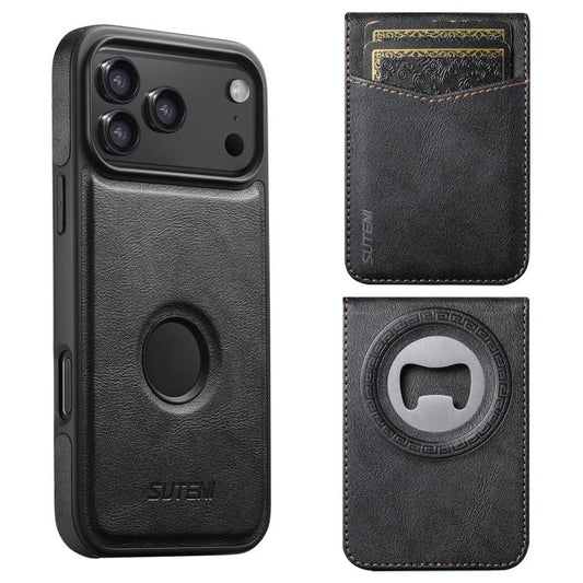Suteni G1S5 2-in-1 Magnetic Detachable Bottle Opener Card Bag Cow Leather Back Phone Case, For iPhone 17 Pro Max, For iPhone 17 Pro, For iPhone 17, For iPhone Air, For iPhone 16 Pro Max, For iPhone 16 Pro, For iPhone 16 Plus, For iPhone 16  
