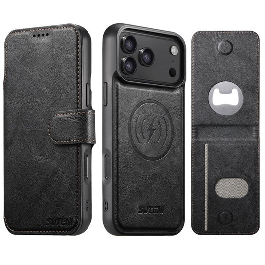 Suteni Q05S5 3-in-1 Detachable Bottle Opener Card Bag Magnetic Cowhide Vegan Leather Phone Case, For iPhone 17 Pro Max, For iPhone 17 Pro, For iPhone 17, For iPhone Air, For iPhone 16 Pro Max, For iPhone 16 Pro, For iPhone 16 Plus, For iPhone 16  