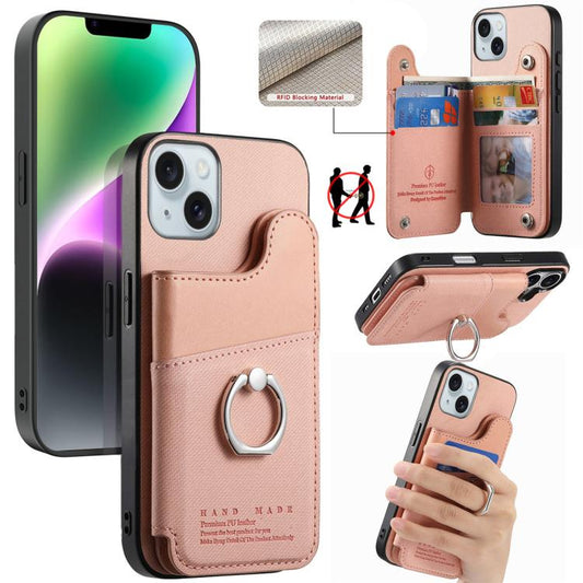 Twill Fabric Ring Multi-card Wallet Vegan Leather Phone Case, For iPhone 14, For iPhone 14 Pro, For iPhone 14 Pro Max  