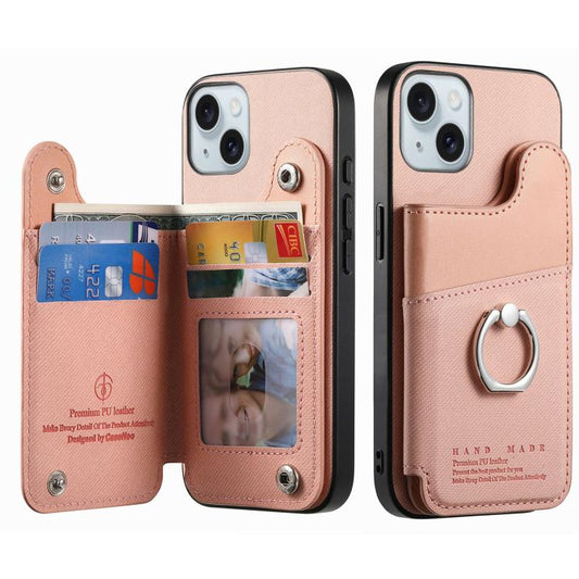 Twill Fabric Ring Multi-card Wallet Vegan Leather Phone Case, For iPhone 15 Plus, For iPhone 15, For iPhone 14 Plus  