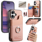 Twill Fabric Ring Multi-card Wallet Vegan Leather Phone Case, For iPhone 16, For iPhone 15 Pro Max, For iPhone 15 Pro  