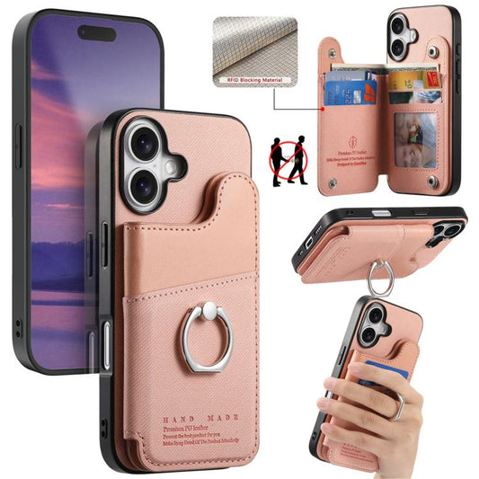 Twill Fabric Ring Multi-card Wallet Vegan Leather Phone Case, For iPhone 16, For iPhone 15 Pro Max, For iPhone 15 Pro  