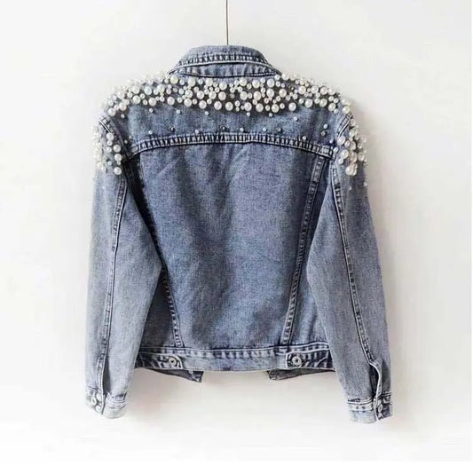 Spring and Autumn New Heavy Beaded Denim Jacket for Women, Short Length, Long Sleeve, Fashionable Export Jacket with Large Pearls  
