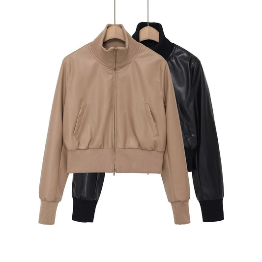 Stand collar versatile and minimalist faux leather executive jacket  