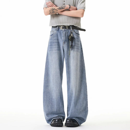Street Style Washed Stripe Wide Leg Jeans Men's Loose High Waist Drop Crotch Pants  