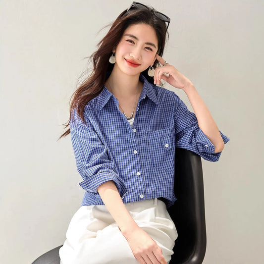 Stylish Blue Checkered Shirt Blazer for WomenFashionable and Youthful Top  