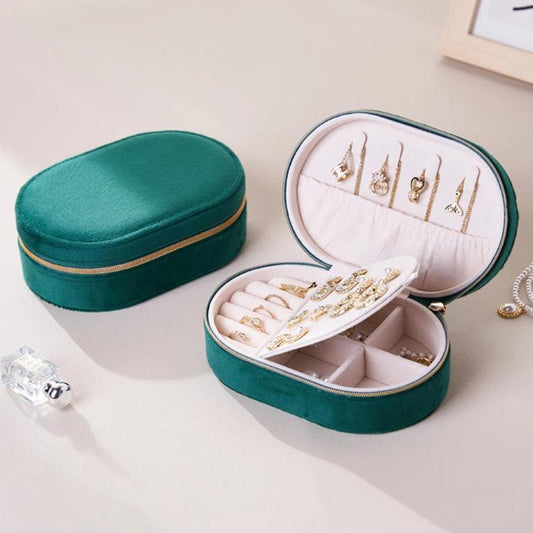 Small Velvet Travel Jewelry Case Portable Oval Jewelry Organizer Box with Zipper, Earring Stud Board  