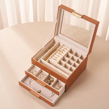 Glass Top 3-Tier Leather Jewelry Box with 2 Drawers Removable Dividers for Rings Earrings Bracelets  
