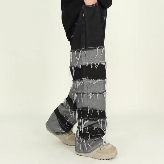 Tassel patchwork jeans men's pants American armband style gradient pants high street ins trendy beggar pants  