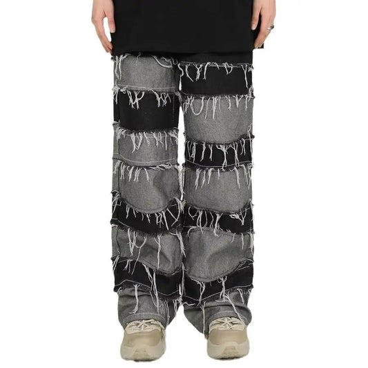 Tassel patchwork jeans men's pants American armband style gradient pants high street ins trendy beggar pants  