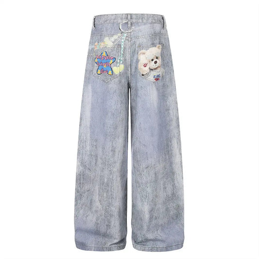 Teddy bear cartoon hot stamping straight leg denim pants  