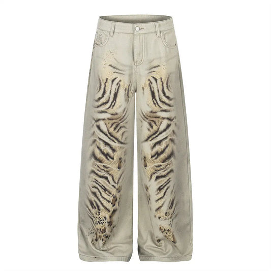 Tiger print digital printed denim wide leg pants  