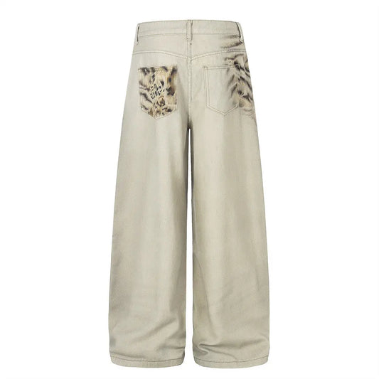 Tiger print digital printed denim wide leg pants  