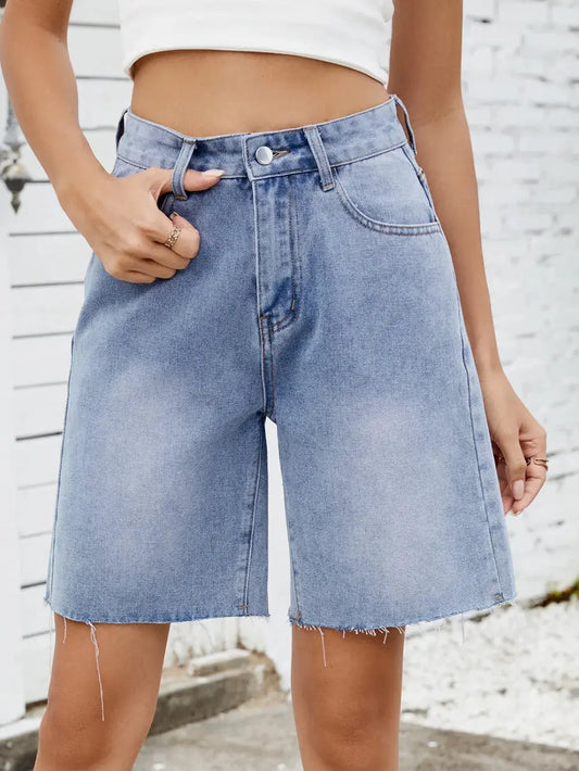 Washed Raw Hem Denim Shorts  