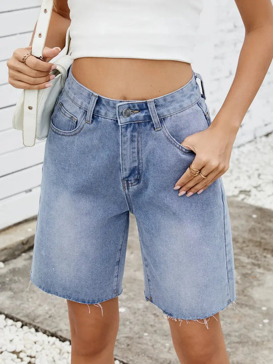 Washed Raw Hem Denim Shorts  
