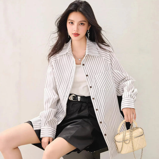 White Striped Long Sleeve Shirt Jacket for Women, Casual Loose Fit, Stylish Inner Layer Top  