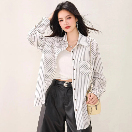 White Striped Long Sleeve Shirt Jacket for Women, Casual Loose Fit, Stylish Inner Layer Top  