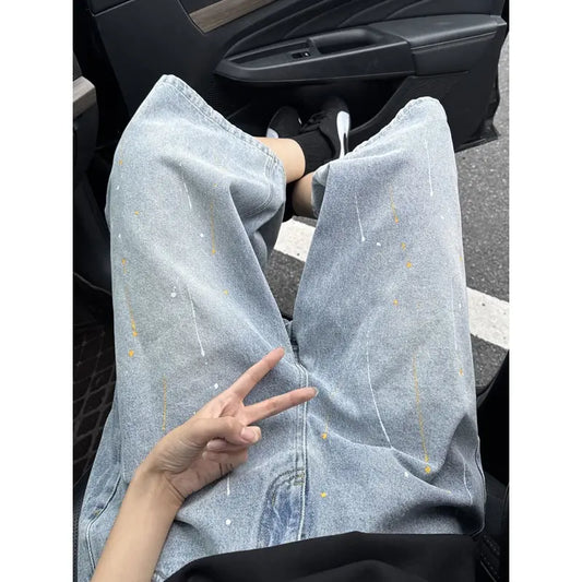Wide-Leg 7/8 Denim Pants Men's Meteor Design Loose Shorts  