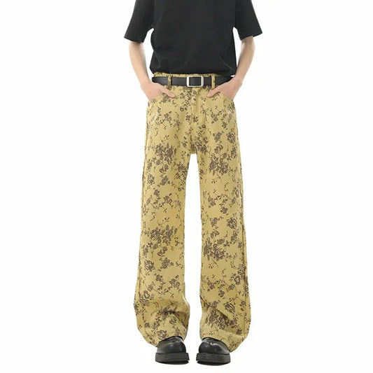 Yellow Mud Color Floral All-Over Jacquard Denim Pants  