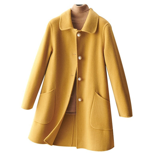 Wool Pearl Buckle Double-faced Woolen Goods Women's Doll Collar Mid-length Coat  