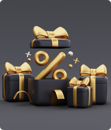 Black gift boxes with gold bows and ribbons on a dark background